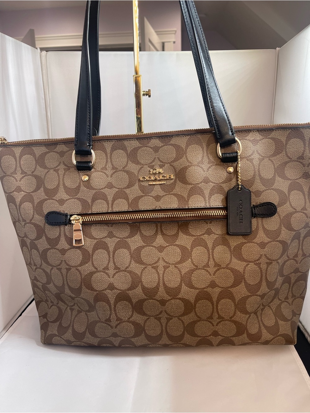 Coach Brown Signature Canvas Tote with Black Trim